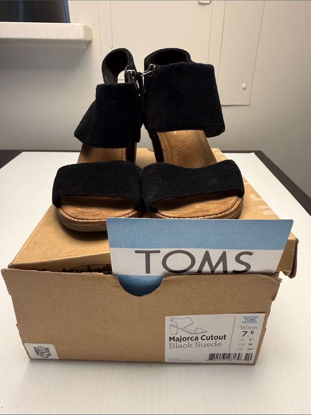 TOMS Majorca Cutout Black Suede Sandals Women's